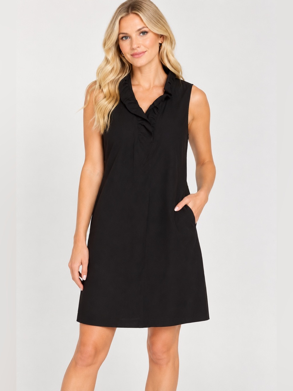 Lafayette 148 New York Black Ruffle Neck Sleeveless Shift Dress S 6117